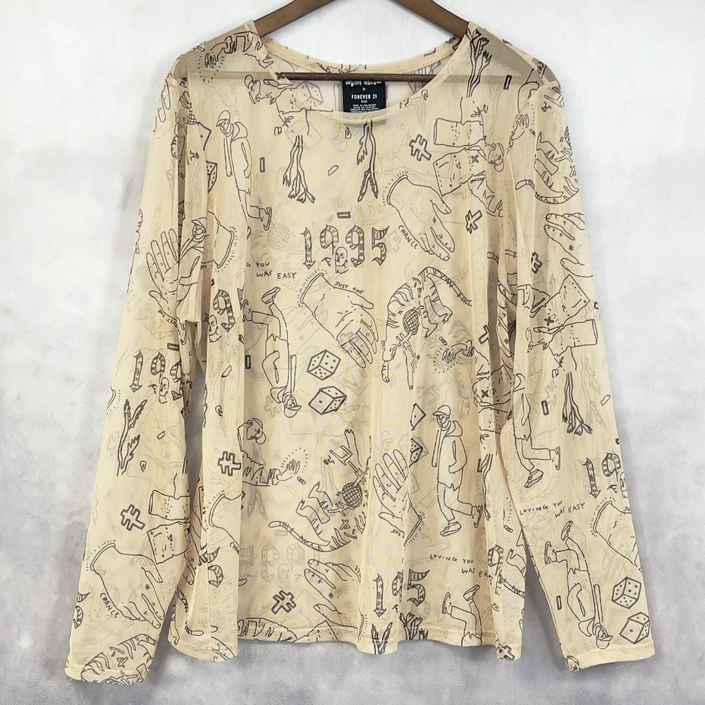 Forever 21 Yuki Haze Mesh Graphic Top Women 3X Sheer Doodle Print Street Indie - Picture 11 of 11